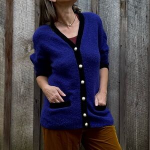 Vintage Royal Purple Cardigan Sweater with Black Trim